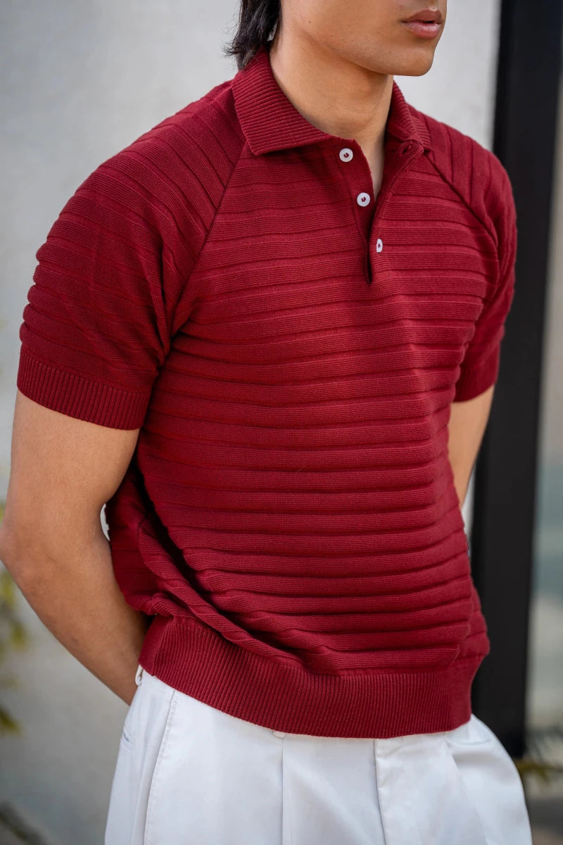 Pearl-Knit Polo Shirt in Deep Maroon