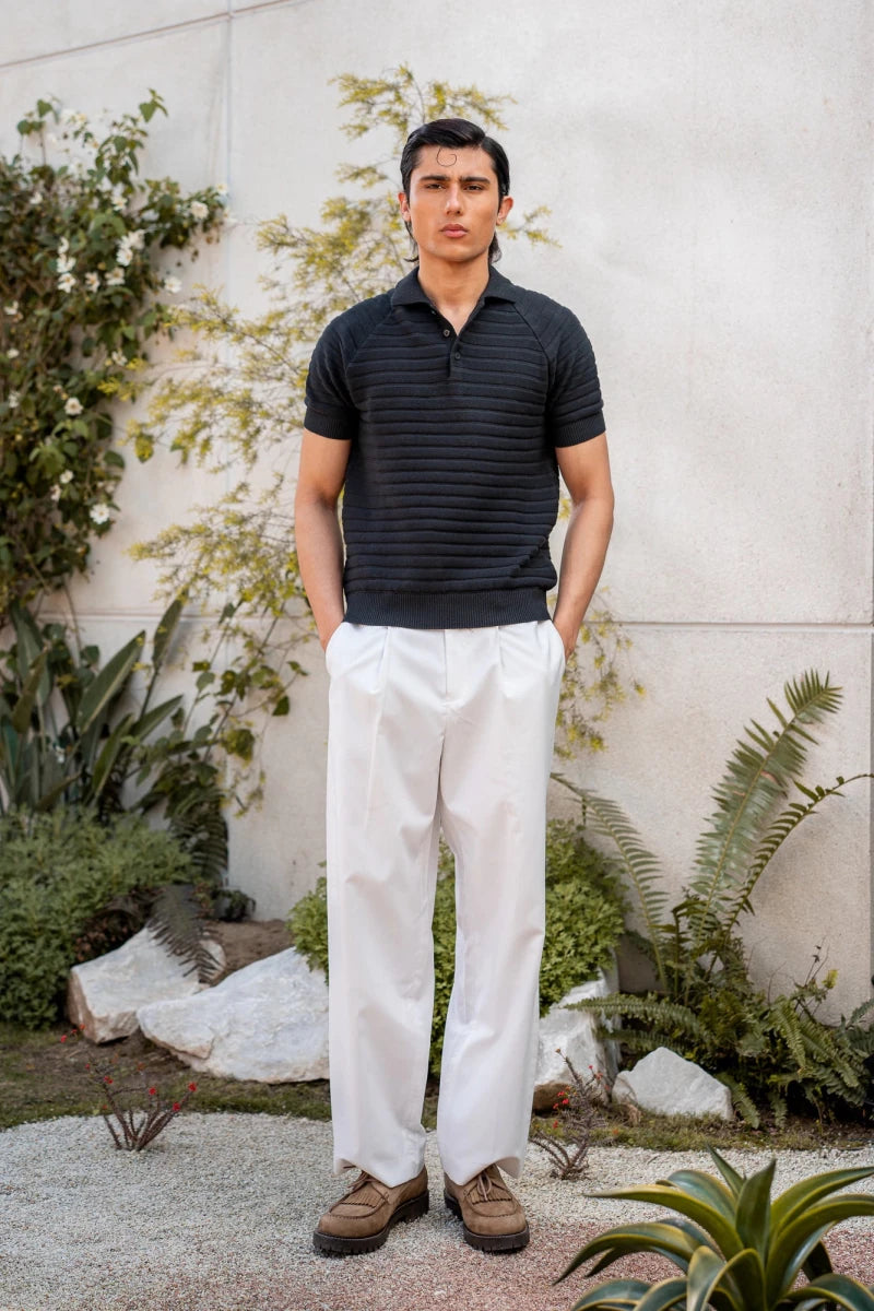Pearl-Knit Polo Shirt in Ink Black