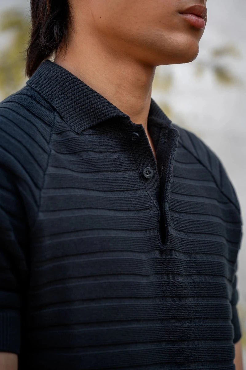 Pearl-Knit Polo Shirt in Ink Black
