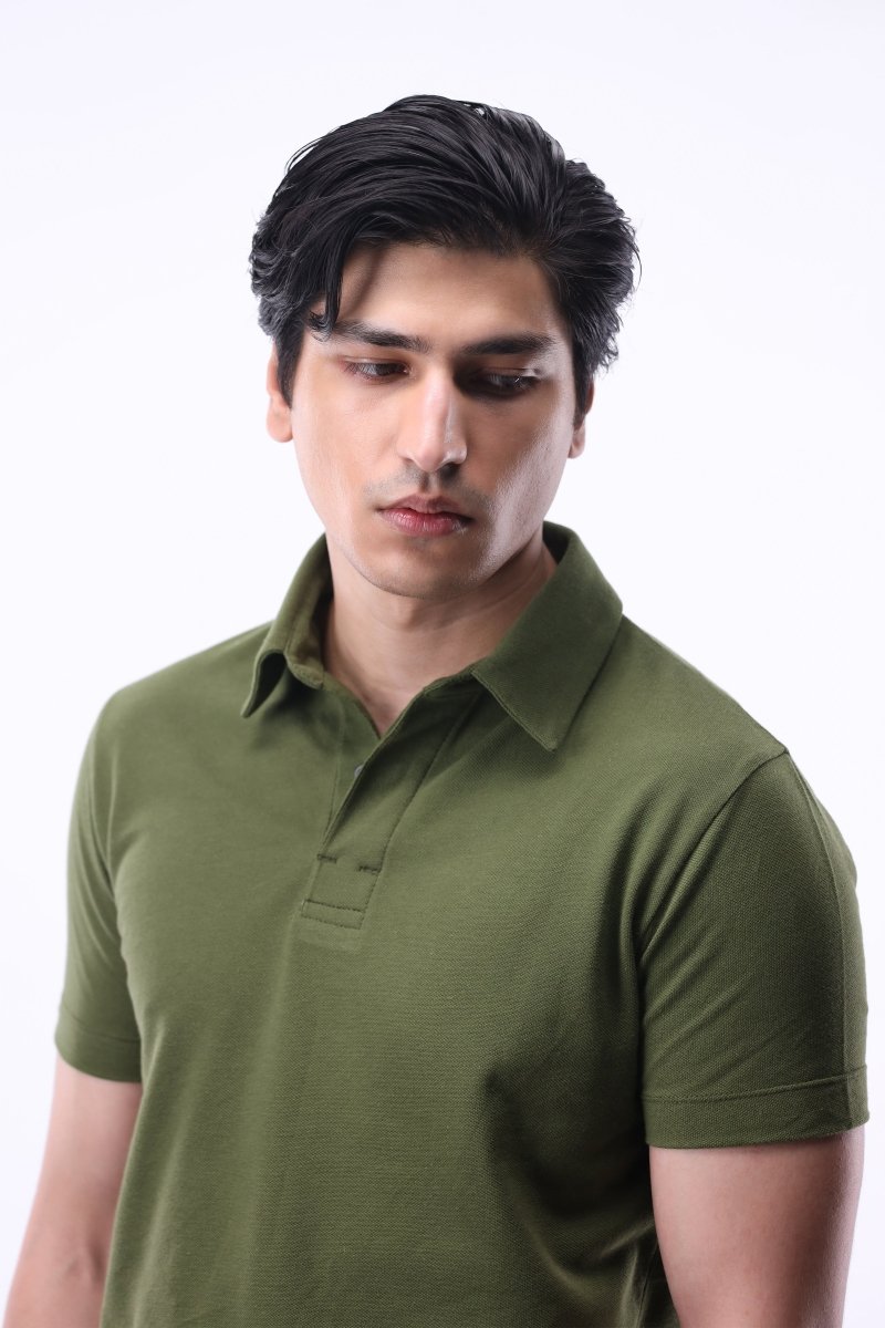 Placket-detail Pique Polo Shirt in Olive