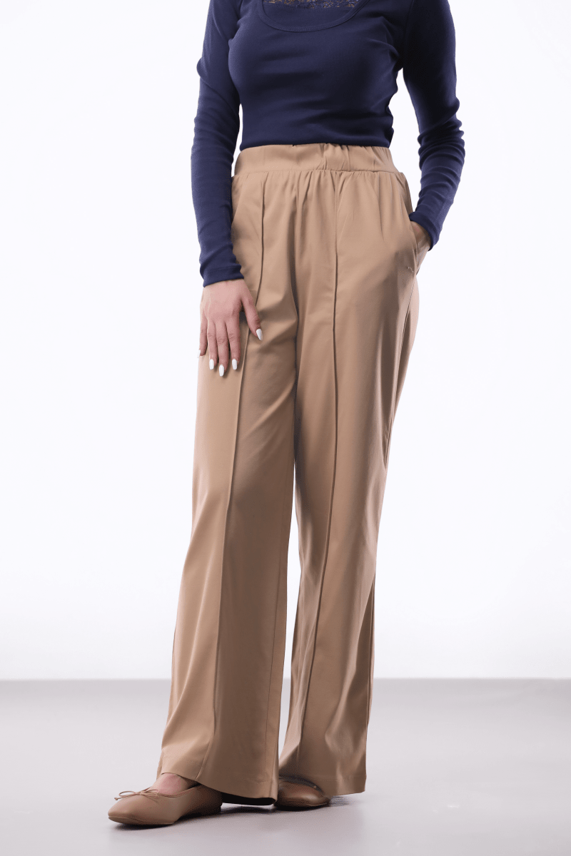 Pleat-detail Wide-leg Trouser in Beige BOTTOM ATTIR-WOMEN