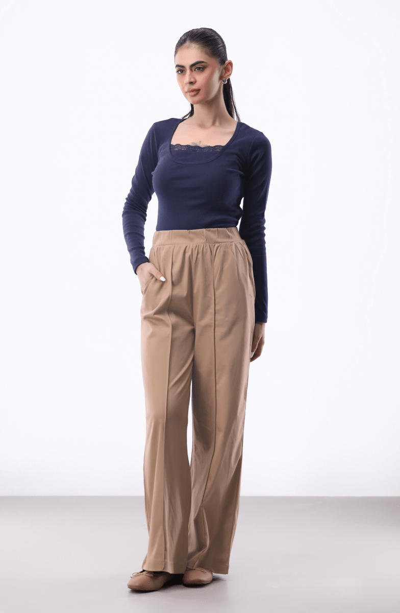 Pleat-detail Wide-leg Trouser in Beige BOTTOM ATTIR-WOMEN