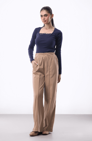 Pleat - detail Wide - leg Trouser in Beige - AttirBOTTOM