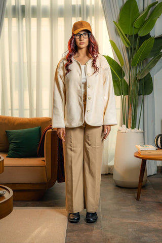 Polar Fleece Button Jacket in Off - White - AttirJACKET