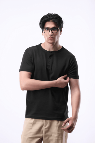 Popcorn Textured Henley Shirt in Navy - AttirHENLEY