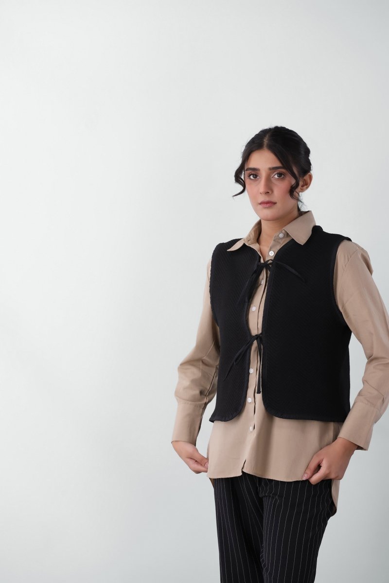 Quilted Gillet with Tie Detail in Black