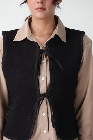 Quilted Gillet with Tie Detail in Black - AttirVEST