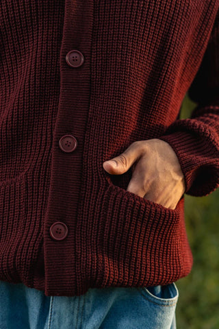 Rib - Knit Cardigan Jumper in Maroon - AttirCARDIGAN