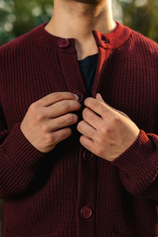 Rib - Knit Cardigan Jumper in Maroon - AttirCARDIGAN