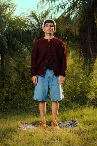 Rib - Knit Cardigan Jumper in Maroon - AttirCARDIGAN