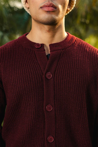 Rib - Knit Cardigan Jumper in Maroon - AttirCARDIGAN