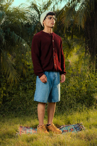 Rib - Knit Cardigan Jumper in Maroon - AttirCARDIGAN