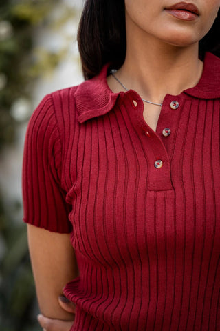 Rib - Knit Polo Top in Deep Maroon - AttirPOLO