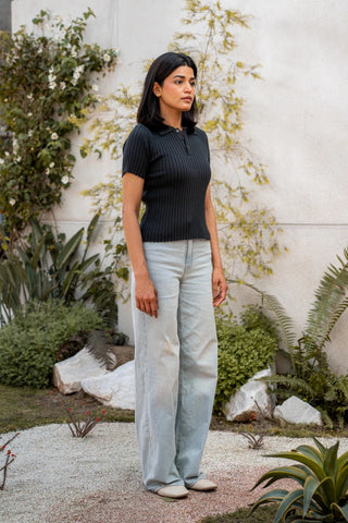 Rib - Knit Polo Top in Ink Black - AttirPOLO