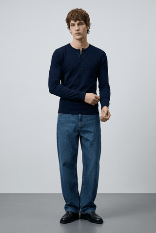 Ribbed Henley T-shirt in Dark Navy - AttirHENLEY