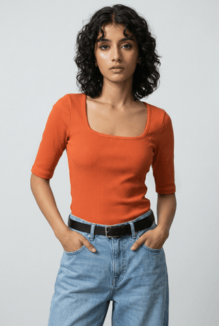 Ribbed Square Top in Florescent Orange - AttirTOP