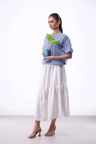 Seersucker Volume Blouse in Blue Check - AttirBLOUSE