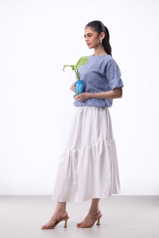 Seersucker Volume Blouse in Blue Check - AttirBLOUSE