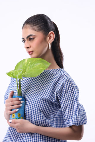 Seersucker Volume Blouse in Blue Check - AttirBLOUSE