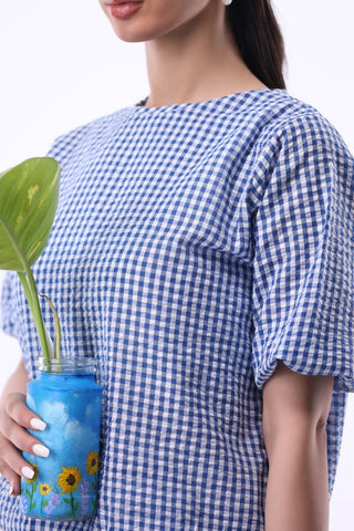 Seersucker Volume Blouse in Blue Check - AttirBLOUSE