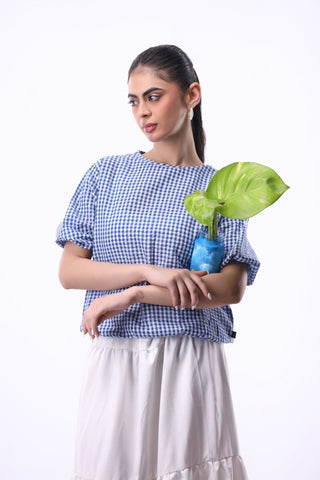 Seersucker Volume Blouse in Blue Check - AttirBLOUSE