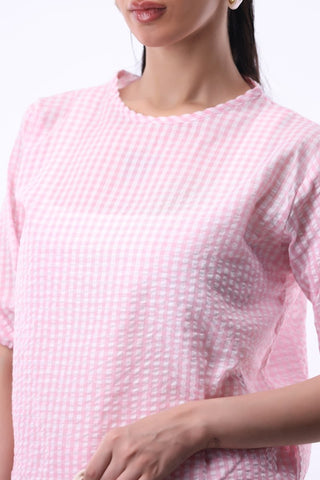 Seersucker Volume Blouse in Pink Check - AttirBLOUSE