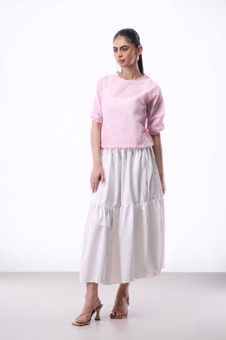 Seersucker Volume Blouse in Pink Check - AttirBLOUSE