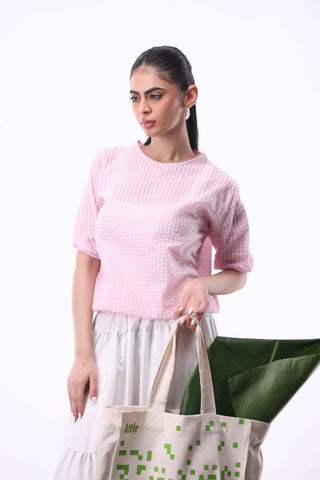 Seersucker Volume Blouse in Pink Check - AttirBLOUSE