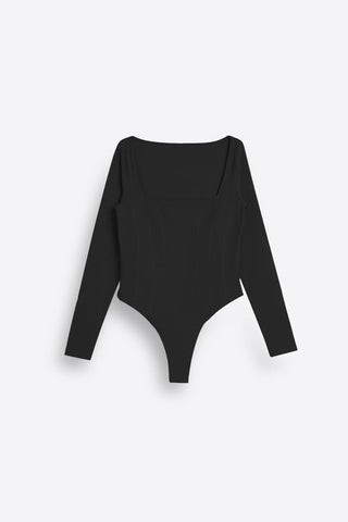 Square Neck Bodysuit in Black - AttirTOP