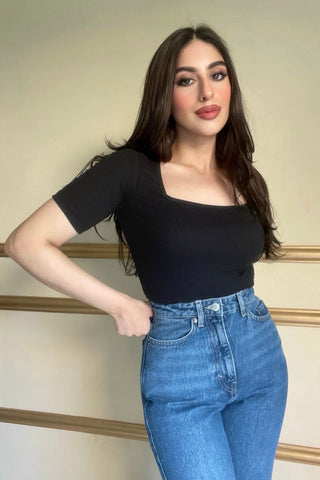 Square Neck Top in Black - AttirTOP
