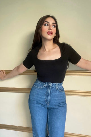 Square Neck Top in Black - AttirTOP