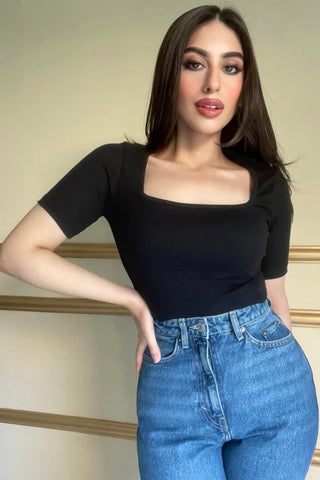 Square Neck Top in Black - AttirTOP