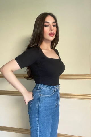 Square Neck Top in Black - AttirTOP