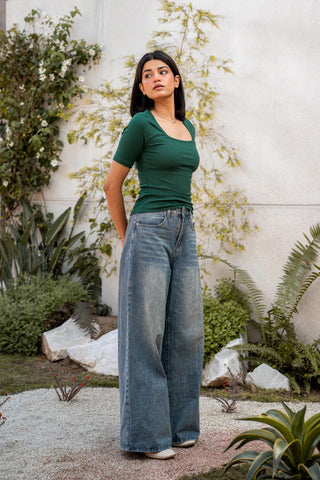 Square Neck Top in Bottle Green - AttirTOP