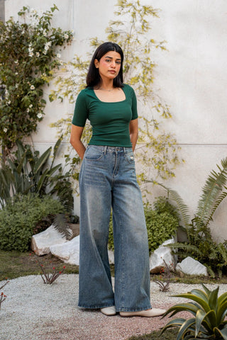 Square Neck Top in Bottle Green - AttirTOP