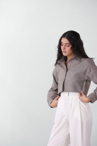 Striped Crop Shirt in Chocolate - AttirSHIRT