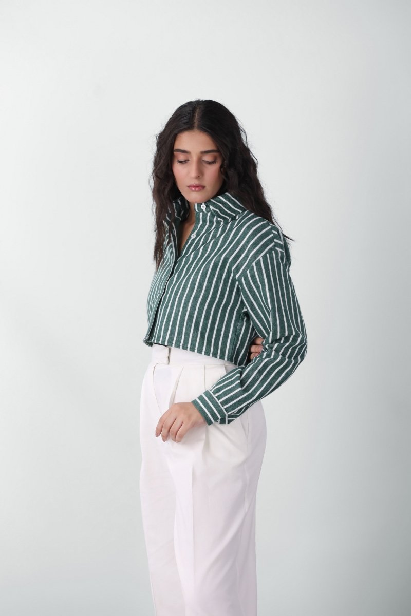 Striped Crop Shirt in Green SHIRT ATTIR-WOMEN