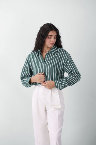 Striped Crop Shirt in Green - AttirSHIRT