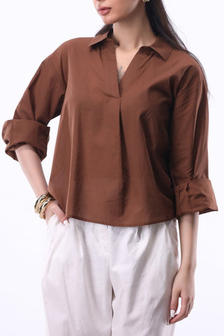 Summery V - notch Collar Shirt in Chocolate - AttirSHIRT