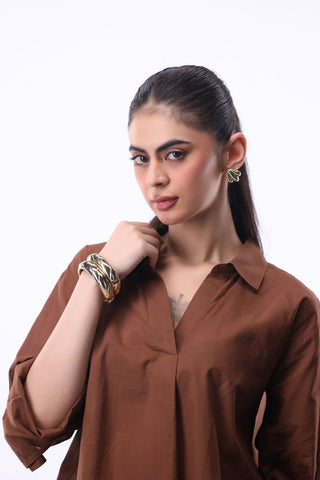 Summery V - notch Collar Shirt in Chocolate - AttirSHIRT