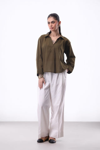 Summery V - notch Collar Shirt in Dark Green - AttirSHIRT