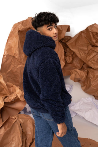 Teddy Fur Oversized Hood in Navy - AttirHOODIE