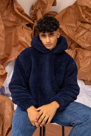 Teddy Fur Oversized Hood in Navy - AttirHOODIE