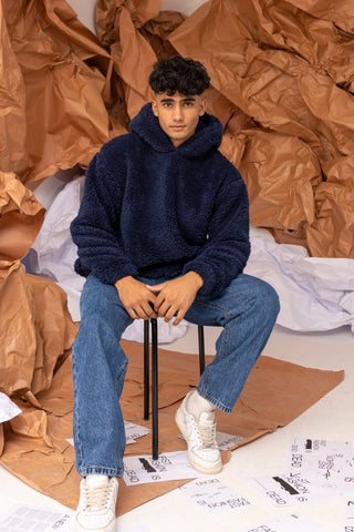 Teddy Fur Oversized Hood in Navy - AttirHOODIE