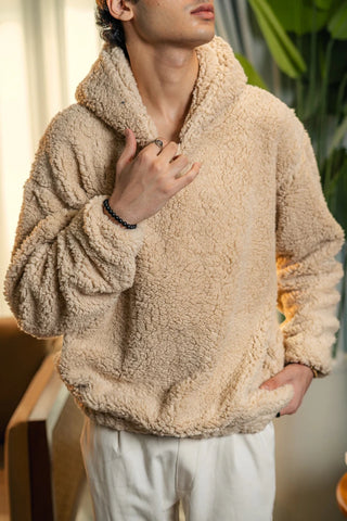 Teddy Fur Oversized Hood in Tan - AttirHOODIE