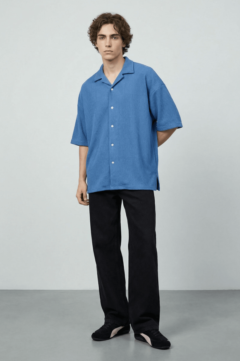 Textured Resort Collar Shirt in Sea Blue