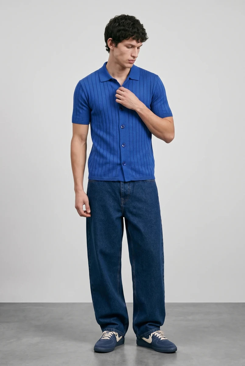 Tuck-Knit Button-Up Polo in Deep Blue SHIRT ATTIR-MEN