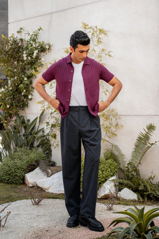 Tuck - Knit Button - Up Polo in Plum - AttirSHIRT
