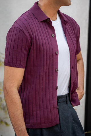 Tuck - Knit Button - Up Polo in Plum - AttirSHIRT