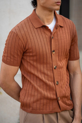 Tuck - Knit Button - Up Polo in Rust Orange - AttirSHIRT